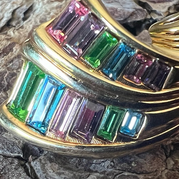 Authentic Swarovski Gold Plated Clip On Earrings Rainbow Crystals Baguette Cut - Picture 4 of 9